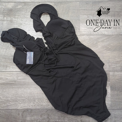 Summermae Maternity Ruffle Ribbed One Piece Swimsuit Black NWT Size L