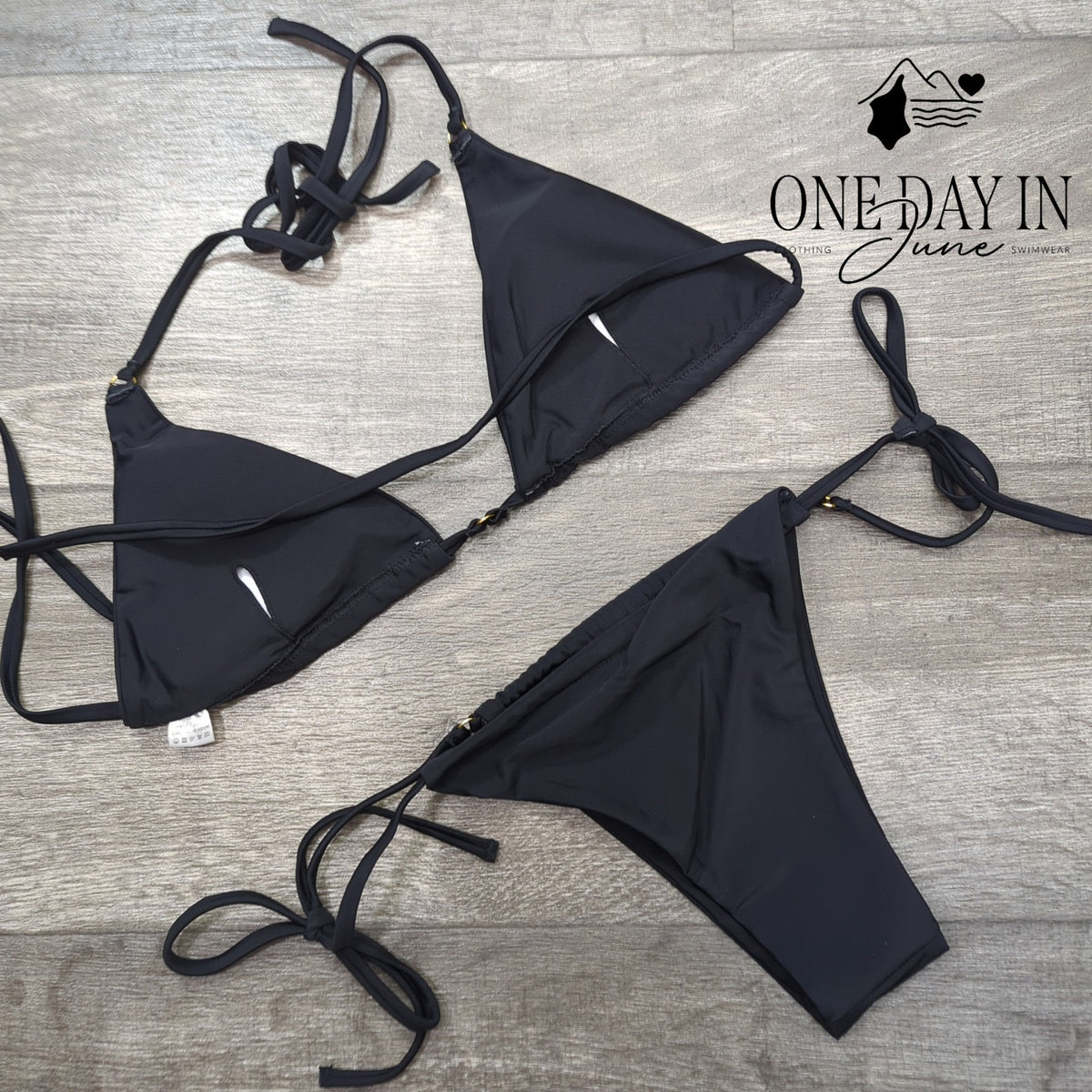 CharmLeaks Triangle Halter Tie Side Cheeky Bikini Swimsuit Black Size M
