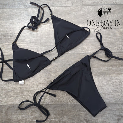 CharmLeaks Triangle Halter Tie Side Cheeky Bikini Swimsuit Black Size M