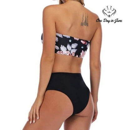 Omkagi Bandeau High Waist Bikini Womens Black Floral High Cut 2 Piece NWT Size L