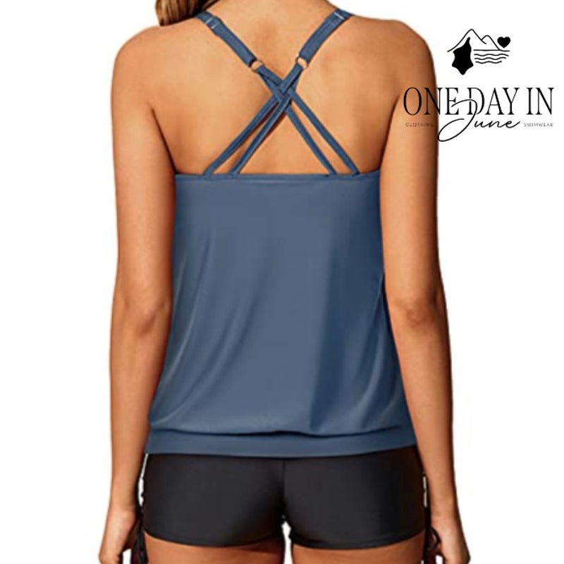Yonique Blouson Tankini Swimsuit Blue Strappy Back Boy Shorts NWT Size L