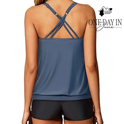 Yonique Blouson Tankini Swimsuit Blue Strappy Back Boy Shorts NWT Size L