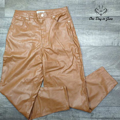 Juicy Couture Rodeo Faux Leather Barrel Pants Camel Brown High Rise Size 29 (8)
