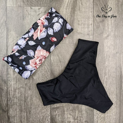 Omkagi Bandeau High Waist Bikini Womens Black Floral High Cut 2 Piece NWT Size L