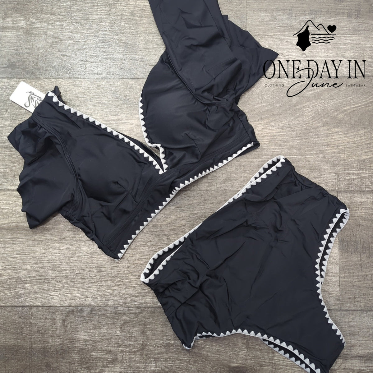 Sporlike Ruffle Shoulder Tie Back High Waist Bikini Swimsuit Black NWT Size M