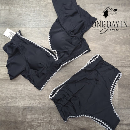 Sporlike Ruffle Shoulder Tie Back High Waist Bikini Swimsuit Black NWT Size M