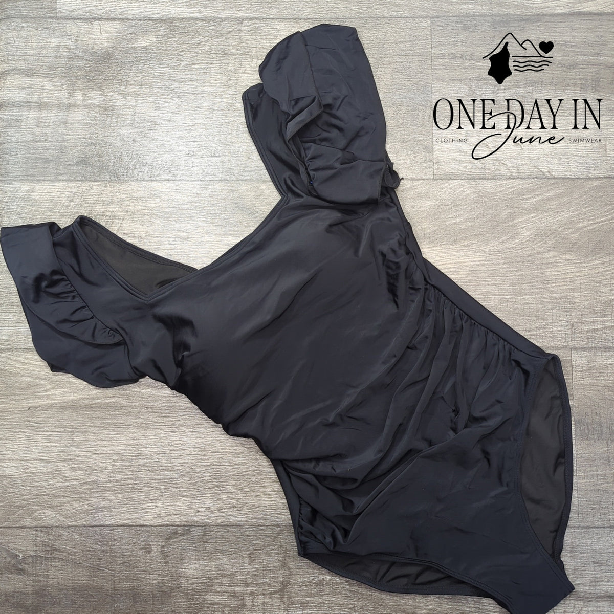 Eomenie Ruffle Shoulder One Piece Swimsuit Black Ruched Square Neck NWT Size M