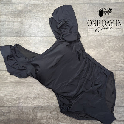 Eomenie Ruffle Shoulder One Piece Swimsuit Black Ruched Square Neck NWT Size M