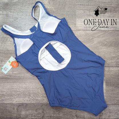 Charmo Front Racerback Athletic One Piece Swimsuit Blue White UPF 50+ NWT Size M