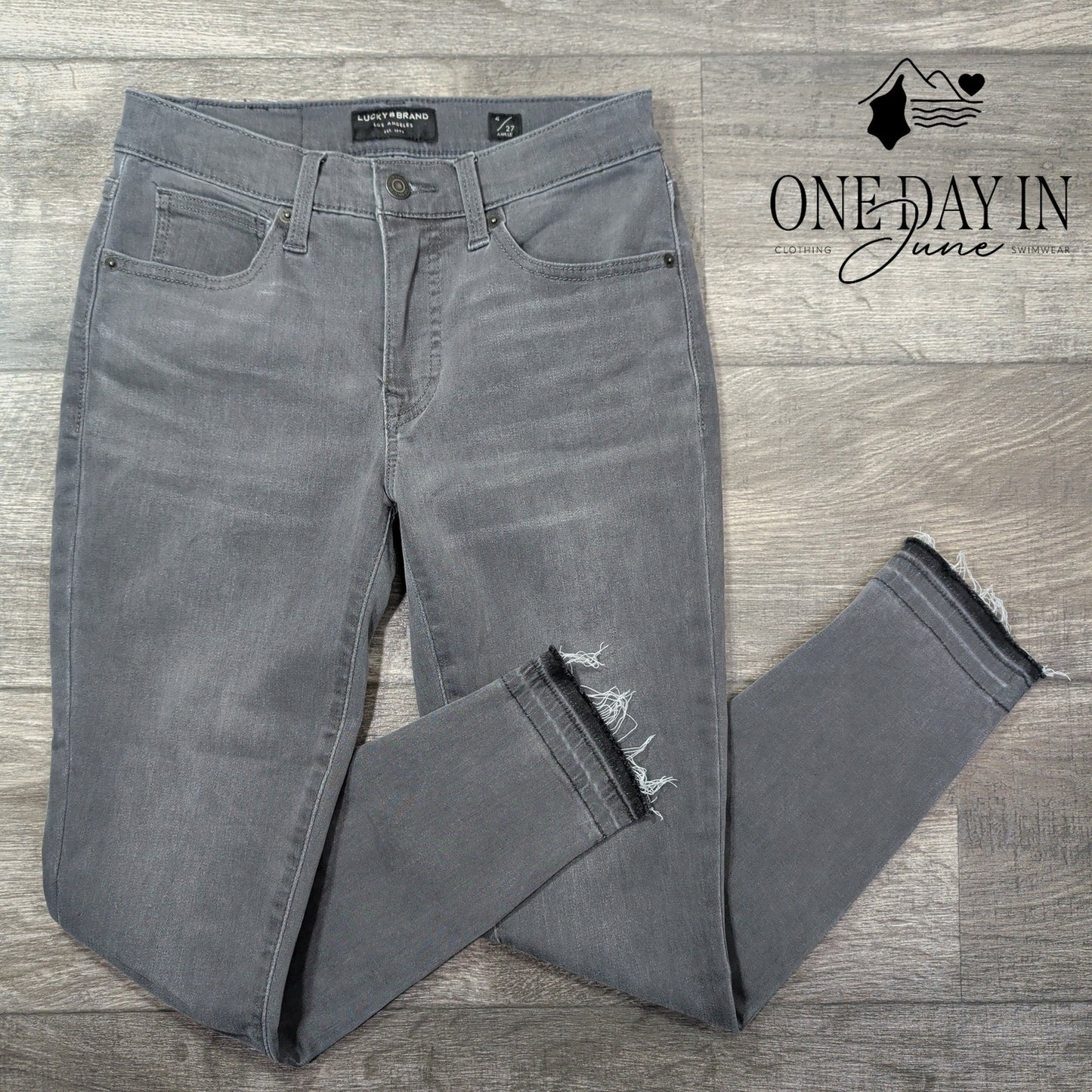 Lucky Brand High Rise Skinny Ankle Jeans Gray Raw Hem Stretch Size 4 (27)