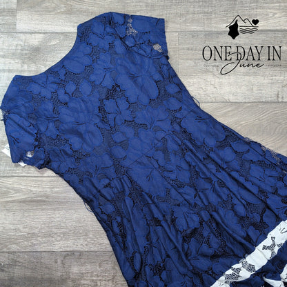 Signature by Robbie Bee Floral Lace Fit Flare Dress Navy Ivory NWT Size 10
