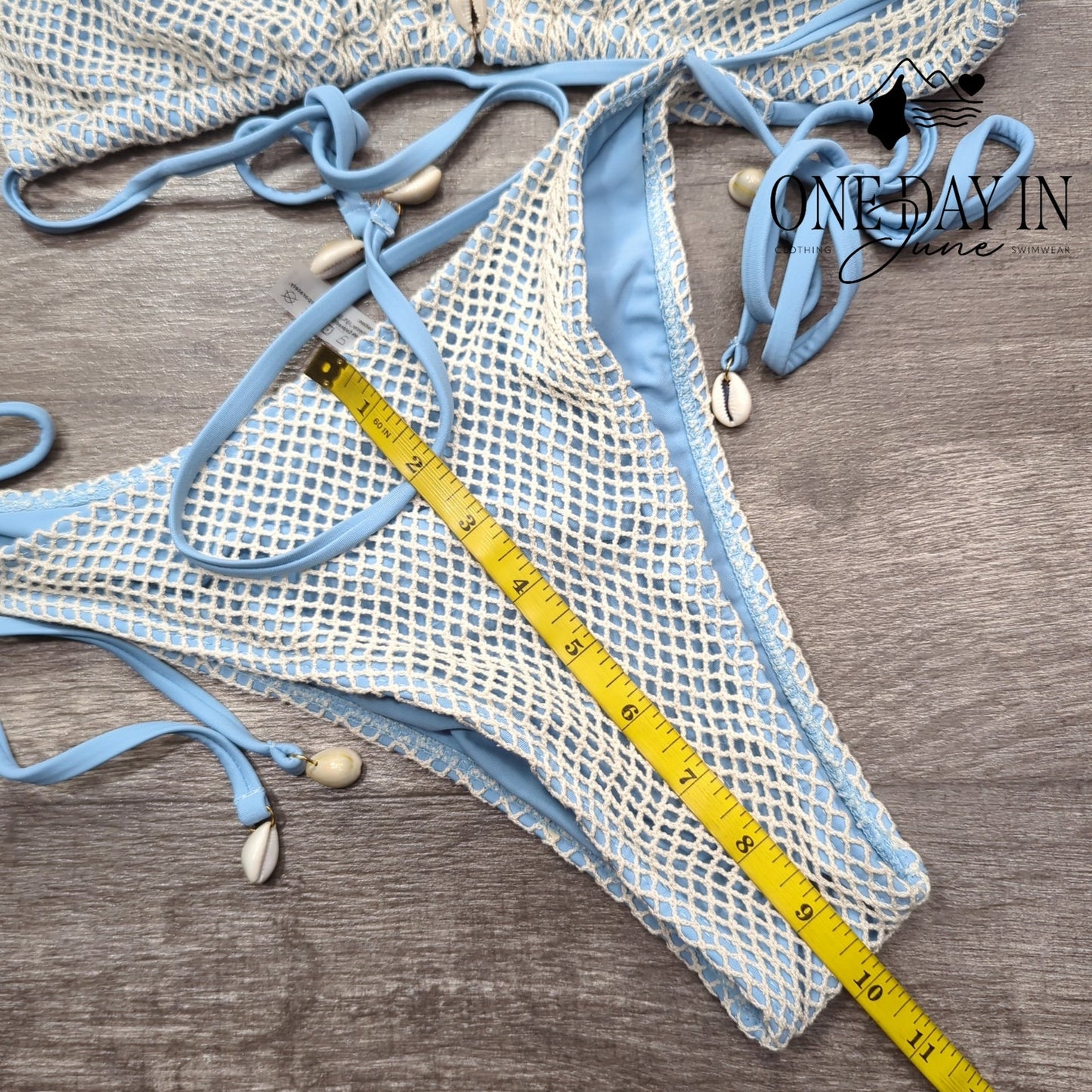 Zaful NWT Fishnet Bikini Set Light Blue Shell Tie Side High Cut Swim Size XL