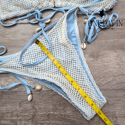 Zaful NWT Fishnet Bikini Set Light Blue Shell Tie Side High Cut Swim Size XL