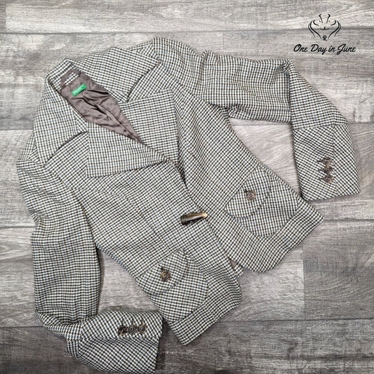 Benetton Vintage Houndstooth Blazer Brown Blue Wool Blend Tailored Size 40 (M)
