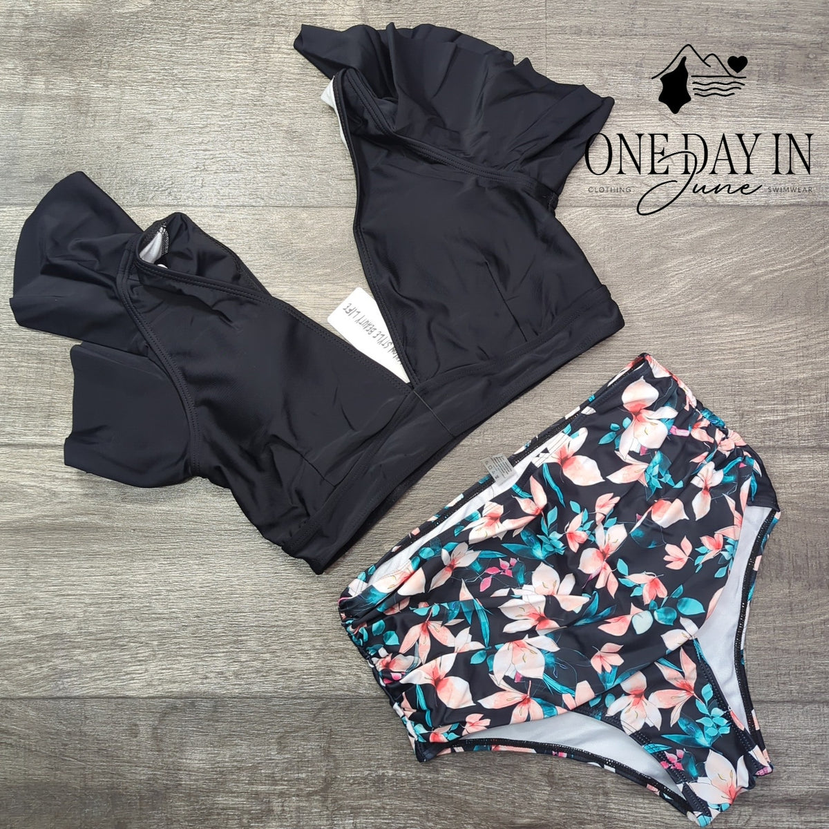 Sporlike Ruffle Shoulder High Waist Floral Bikini Swimsuit Black NWT Size M