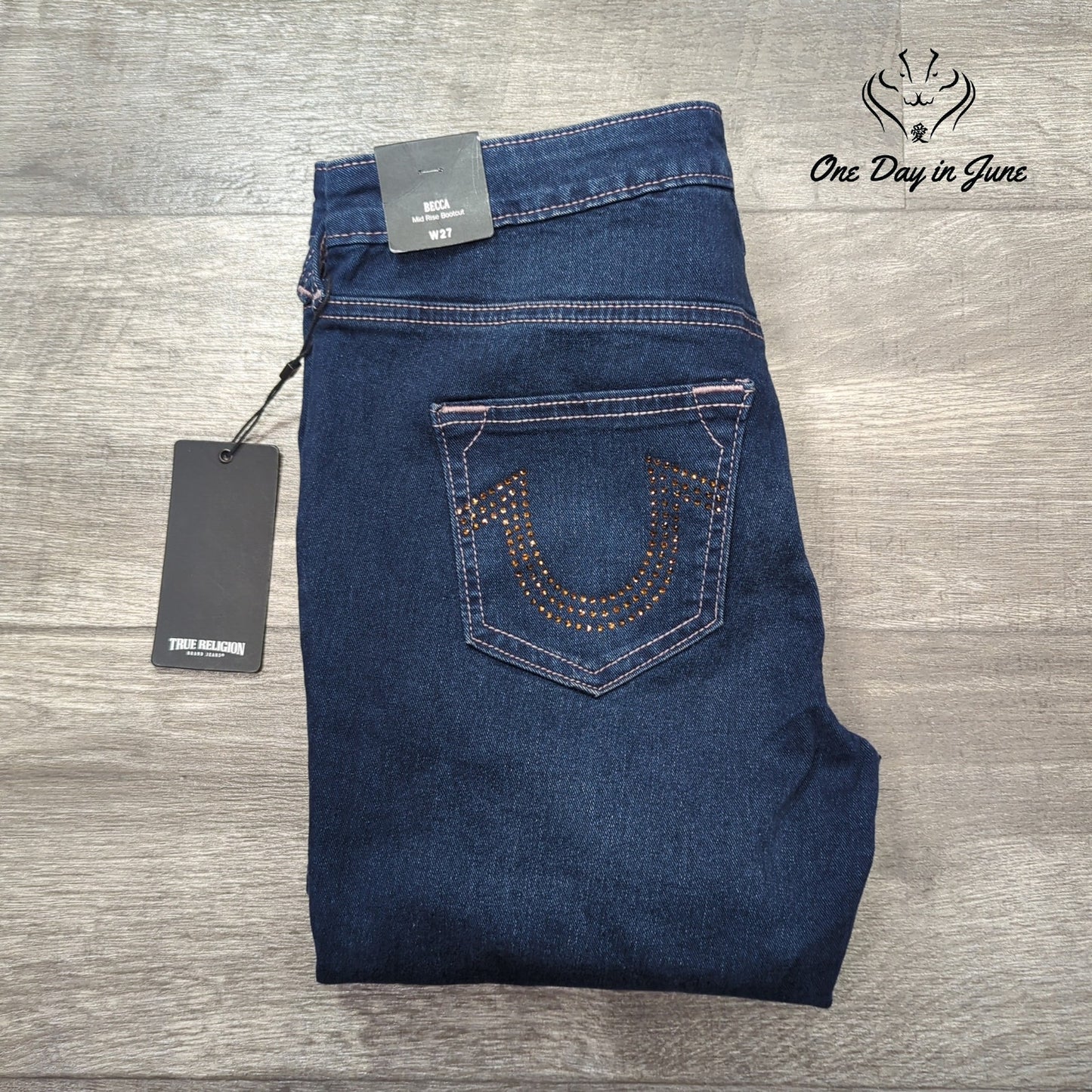 True Religion Becca Crystal Mid Rise Bootcut Jeans Dark Wash NWT $179 Size 27 (4
