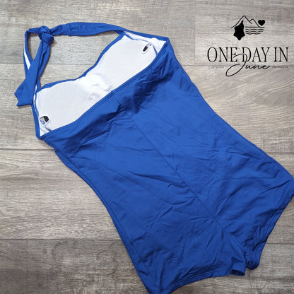 Ekouaer Halter One Piece Swimsuit Royal Blue Ruched Tummy Control Size L