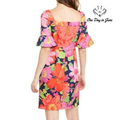 Trina Turk Kanan Poppy Indigo Floral Ruffle Sleeve Shift Dress NWT Size 4