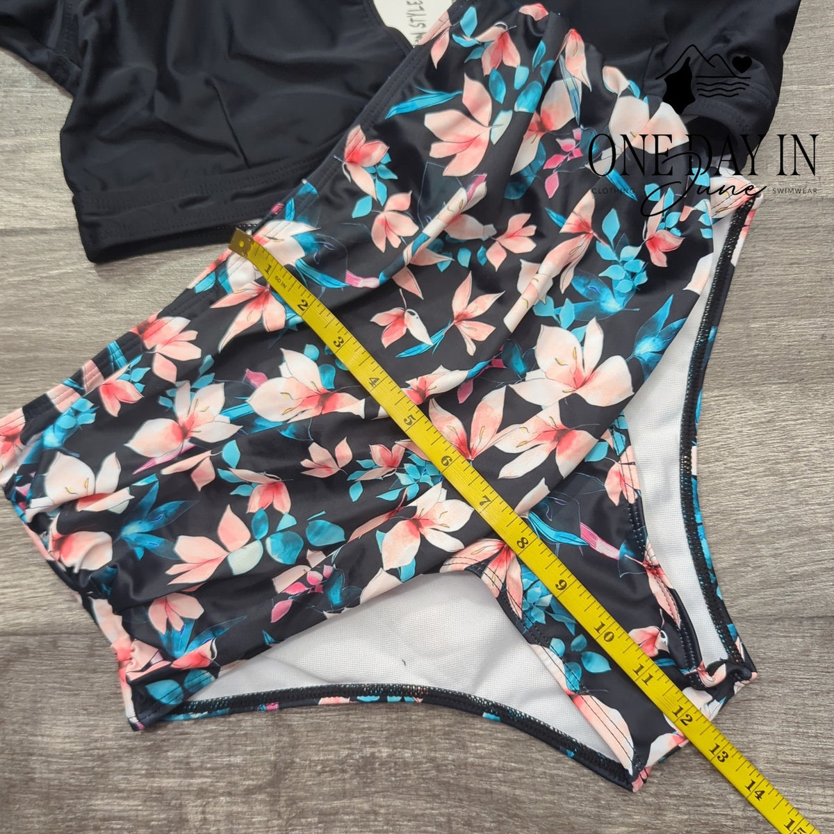 Sporlike Ruffle Shoulder High Waist Floral Bikini Swimsuit Black NWT Size L