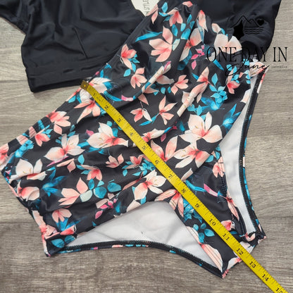 Sporlike Ruffle Shoulder High Waist Floral Bikini Swimsuit Black NWT Size L