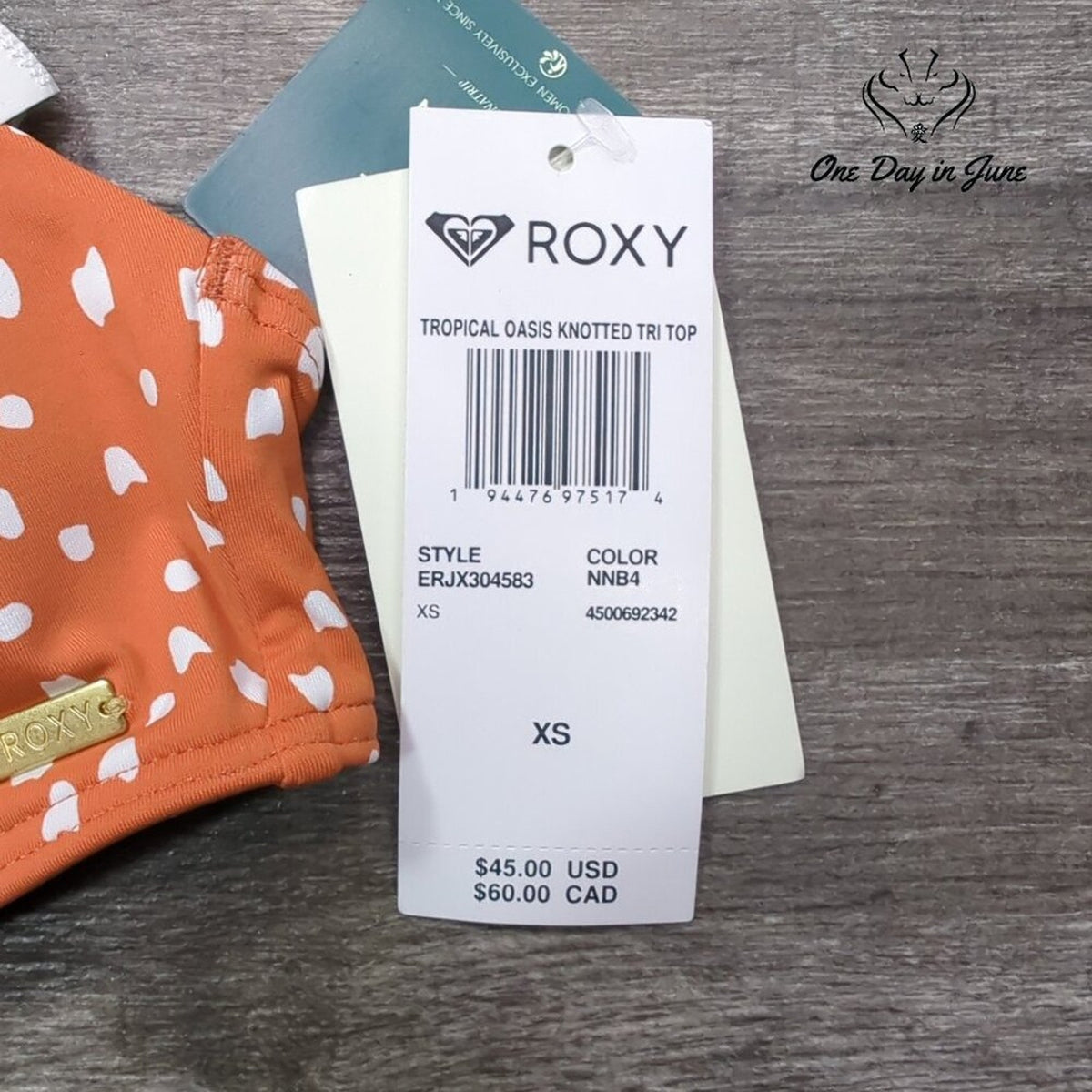 Roxy Tropical Oasis Knotted Triangle Bikini Top Ginger Spice New Dot NWT Size XS