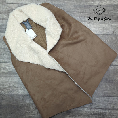 Chelsea & Theodore Faux Suede Faux Fur Sherpa Draped Vest Brown Cream NWT Size L