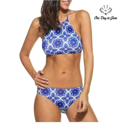 Ekouaer Print High Neck Halter Bikini