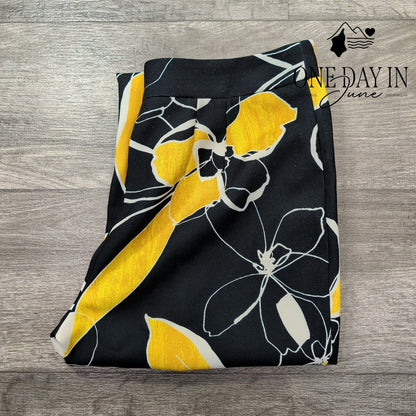 Natori Slim Fit Floral Pants Black Yellow White Side Zip NWT Size 4