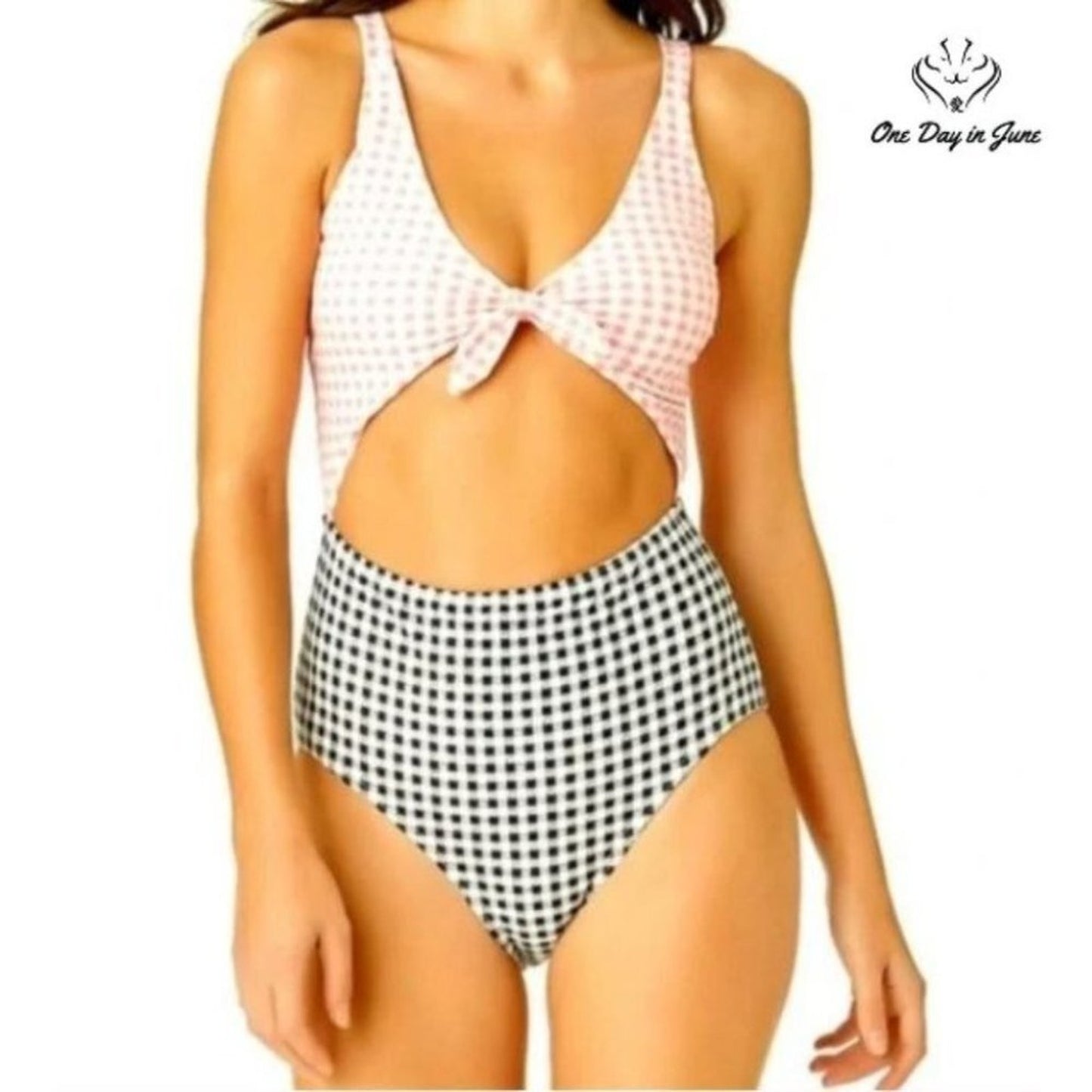 California Sunshine Gingham High Waist One Piece Swimsuit Size L