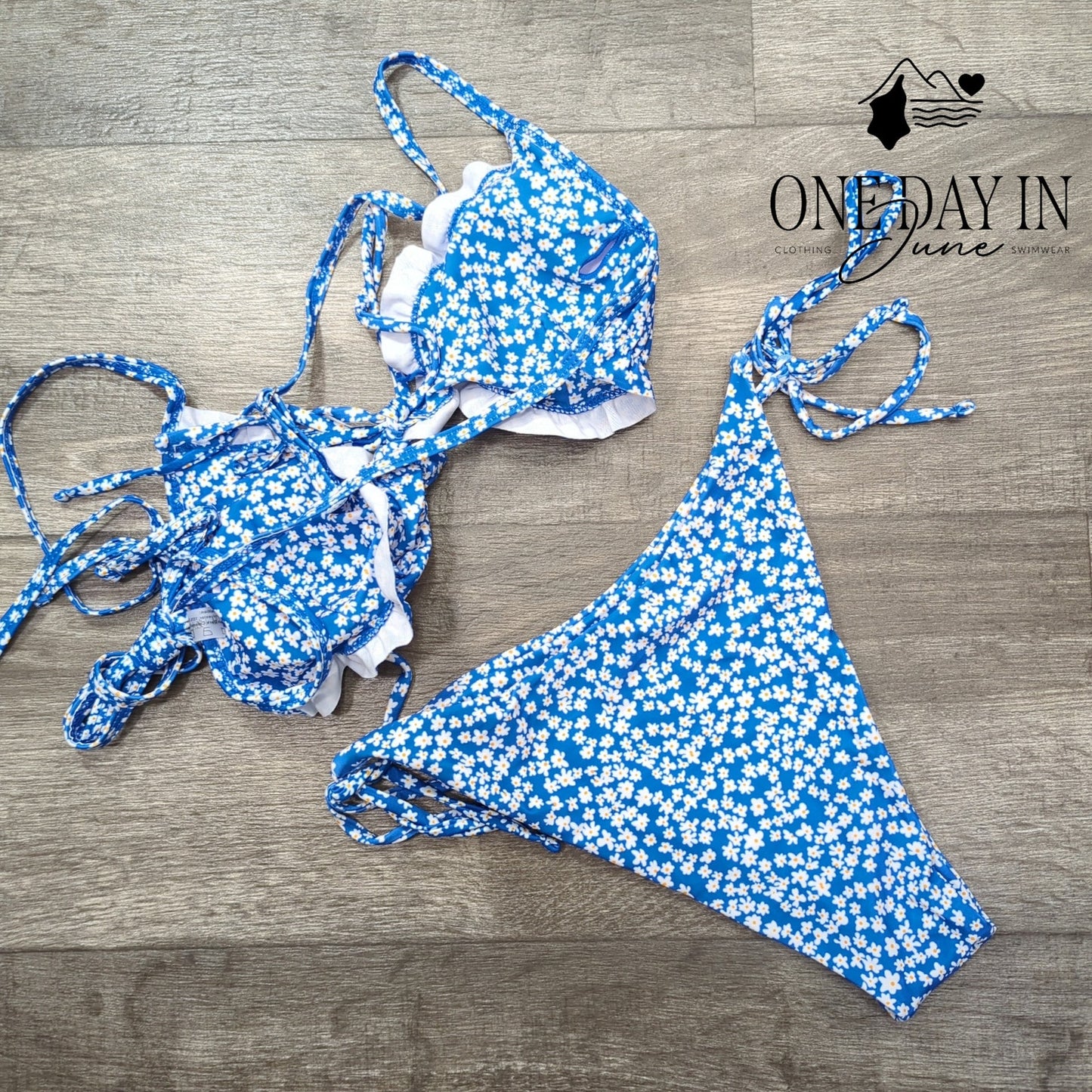Zaful Floral Bikini Swimsuit Blue Ruffle Tie Side 2 Piece NWT Size M