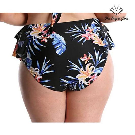 Lysa Plus Size Bikini Bottom Black Tropical Floral High Waist Ruffle Size 0X