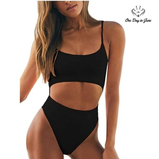 Meyeeka Scoop Neck Cut Out Front Lace Up Back High Cut Monokini Size S