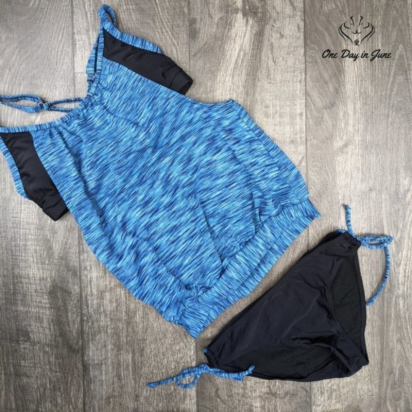 Dokotoo Double Up Tankini Swimsuit Blue Black Blouson Tie Side 2 Piece Size S