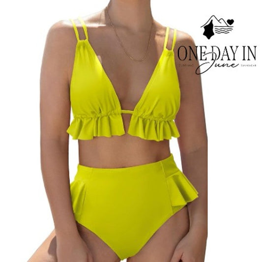 Sporlike Triangle Ruffle High Waist Bikini Swimsuit Lime Green NWT Size XL