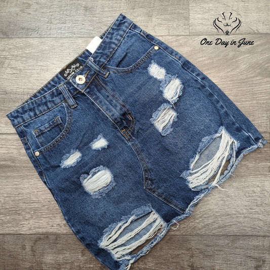 Denim Club Distressed Ripped Denim Mini Skirt Blue Frayed Hem NWT Size 6