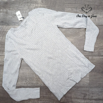 Express Ribbed Long Sleeve Top Jeweled Rhinestone Neckline Gray NWT Size M