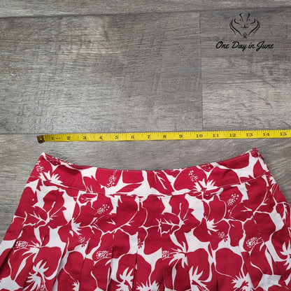 Talbots Petite Hibiscus Floral Pleated Skirt Red White Cotton Size 2P