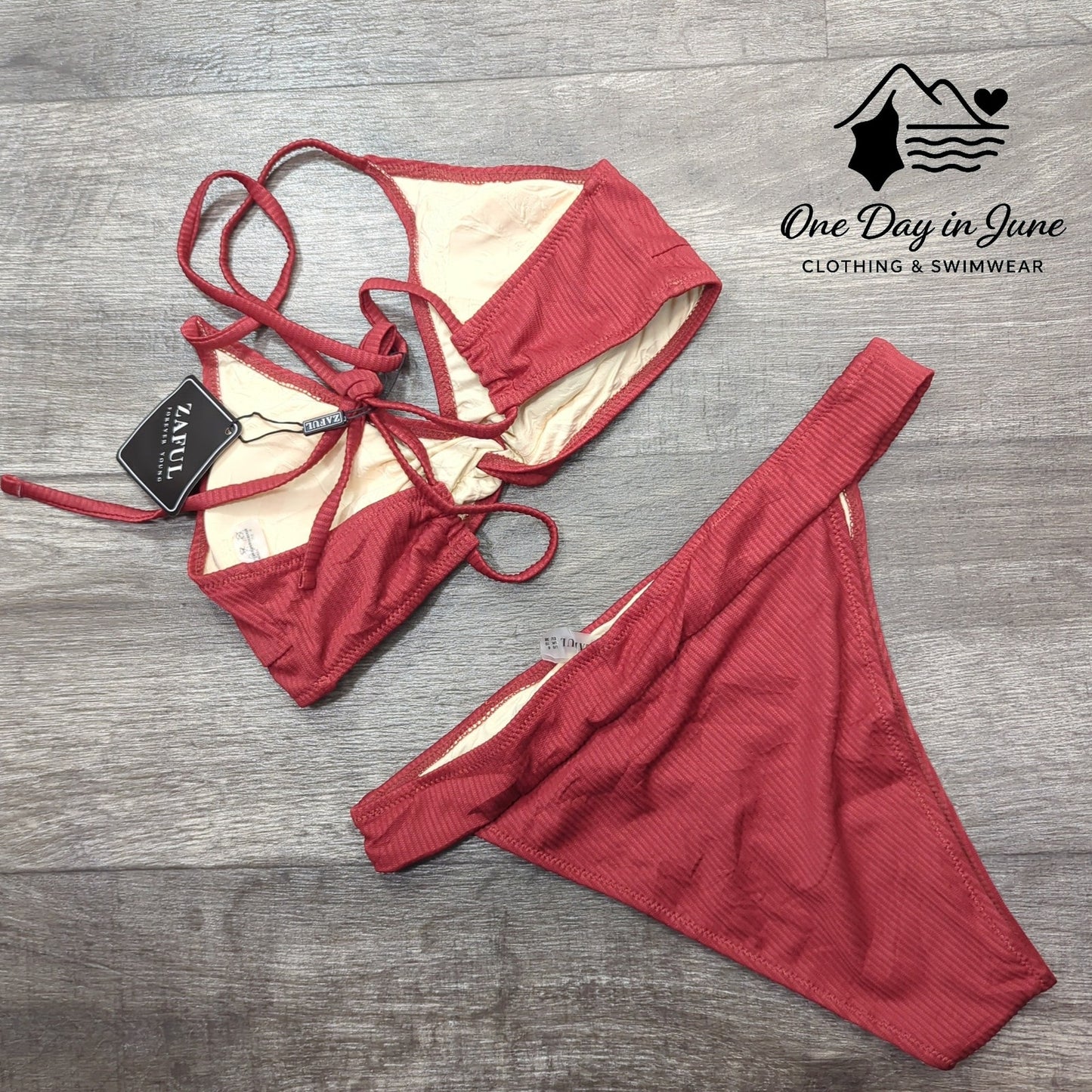 Zaful High Cut Ribbed Strappy Back Bikini Swimsuit Size 6