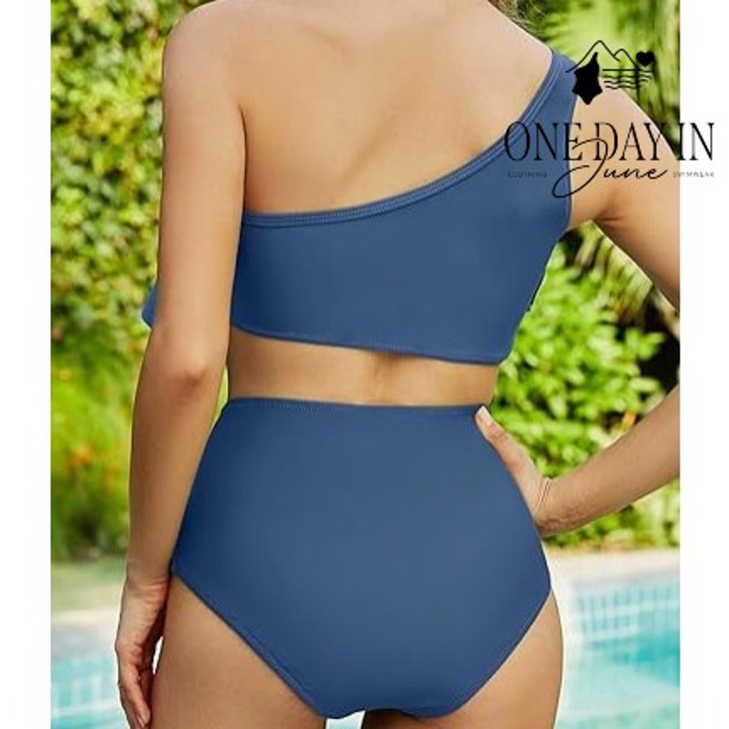 Vimpunec One Shoulder Ruffle High Waist Bikini Swimsuit Blue NWT Size L