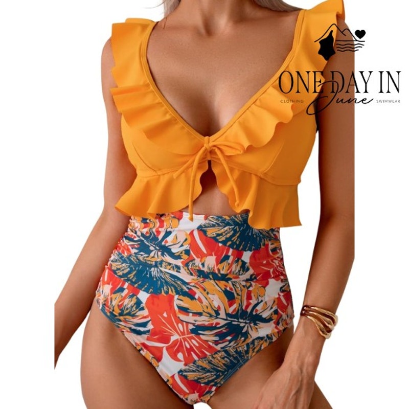 Eomenie Ruffle Shoulder Tie Back Cut Out One Piece Swimsuit Size L