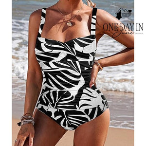 Ekouaer Twist Front Tummy Control One Piece Swimsuit Black White NWT Size XL