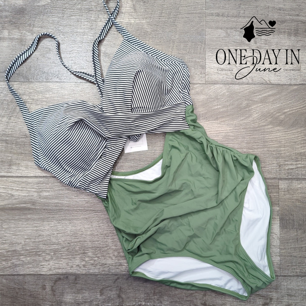 Eomenie Cross Front Cutout One Piece Swimsuit Olive Green Striped NWT Size M