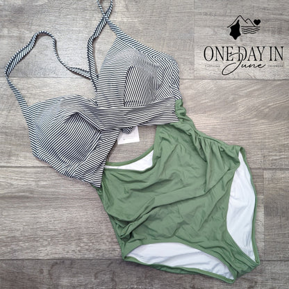 Eomenie Cross Front Cutout One Piece Swimsuit Olive Green Striped NWT Size M