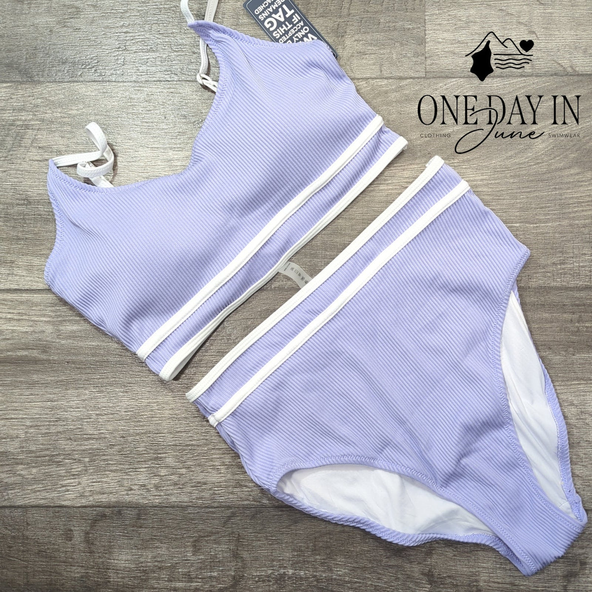 Blooming Jelly Ribbed High Waisted Bikini Swimsuit Lavender Trim NWT Size M
