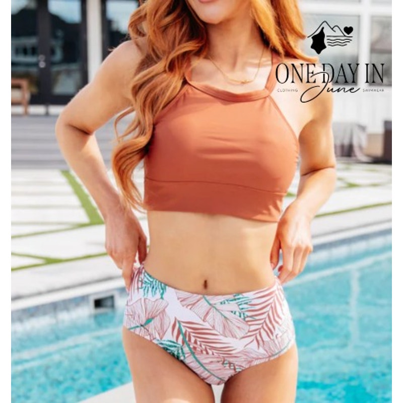 CharmLeaks High Neck High Waist Tropical Bikini Swimsuit Rust Size L