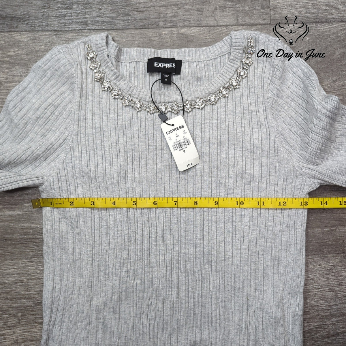 Express Ribbed Long Sleeve Top Jeweled Rhinestone Neckline Gray NWT Size M