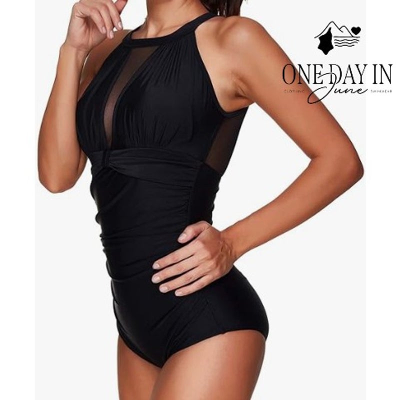 Tempt Me High Neck Mesh One Piece Swimsuit Black Ruched Tummy Control NWT Size M