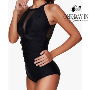 Tempt Me High Neck Mesh One Piece Swimsuit Black Ruched Tummy Control NWT Size M