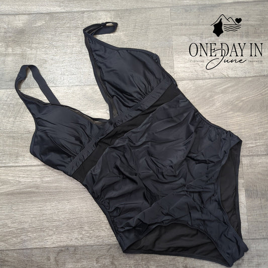 Suukess Mesh Cut Out Tummy Control One Piece Swimsuit Black NWT Size XL