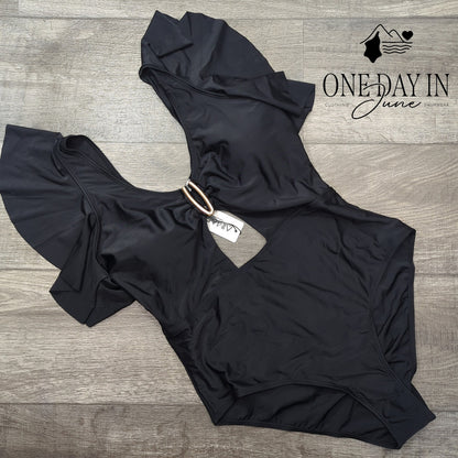 Aimage One Piece Swimsuit Black Ruffle Keyhole Cutout Padded NWT Size XL